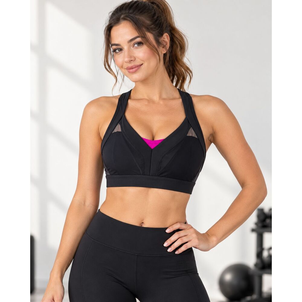 Fabletics Joliet Sports Bra Black Pink Back Clasp XXS High Impact Full Coverage
